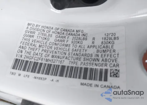 2021 Honda Civic Lx z USA, uszkodzony, nr VIN 2HGFC2F61MH527167